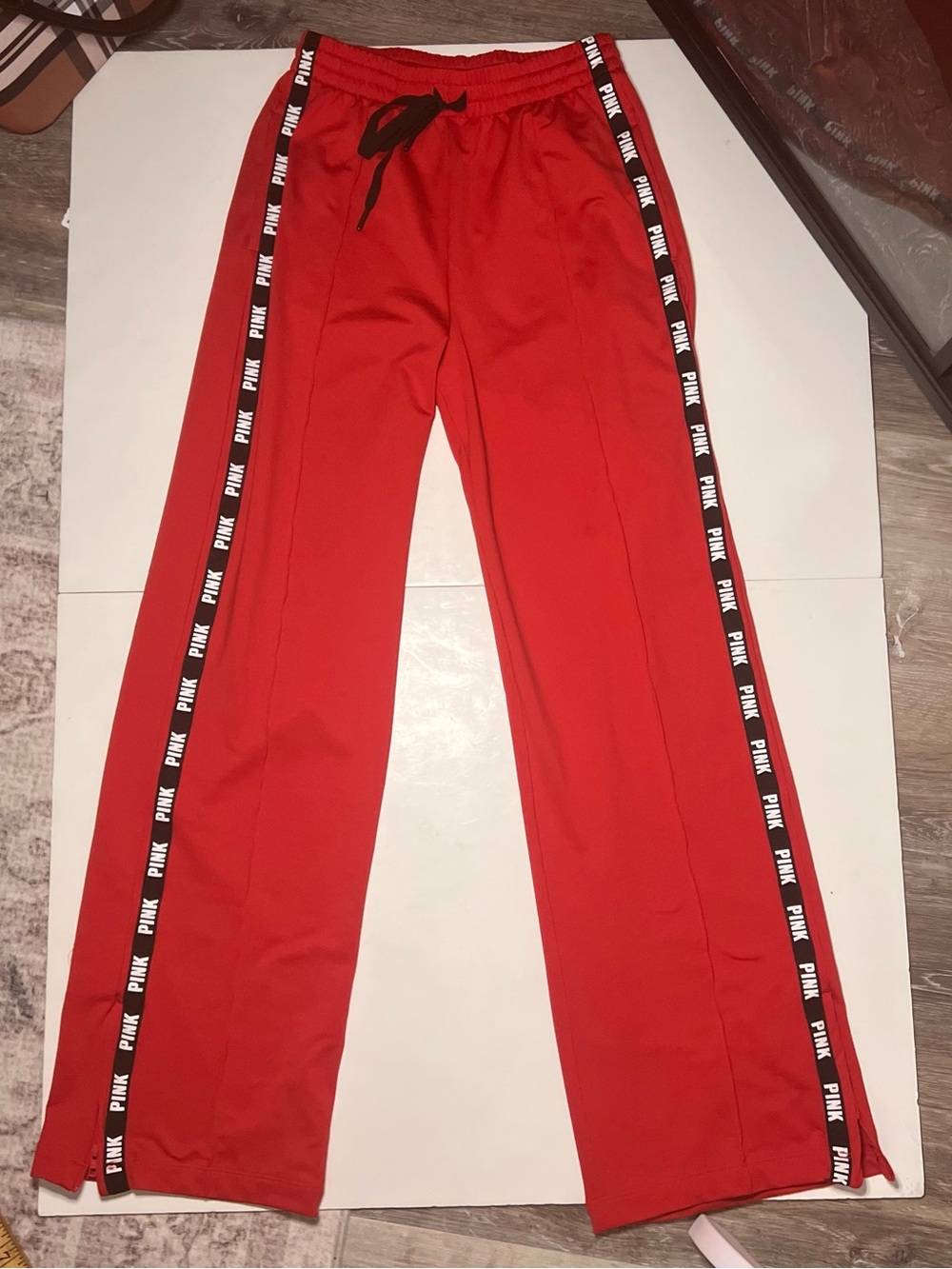 PINK Victoria's Secret Red Track Pants with Black Logo Tape